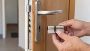 Bombín de cerradura junto a una puerta de madera antes de su sustitución