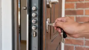 Mano introduciendo una llave en el bombín de una cerradura de seguridad