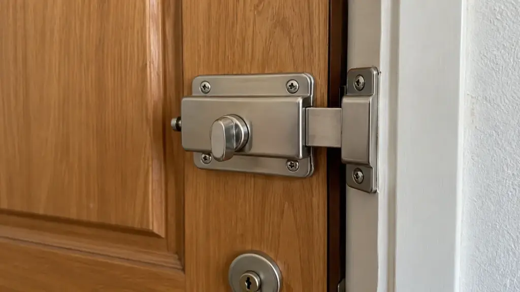 Cerrojo de seguridad instalado en una puerta de madera